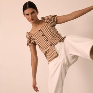Madewell jacquard gingham square neck puff sleeve button up top